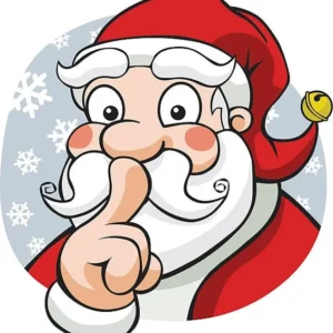 A cartoon of santa clause with his finger in the mouth.