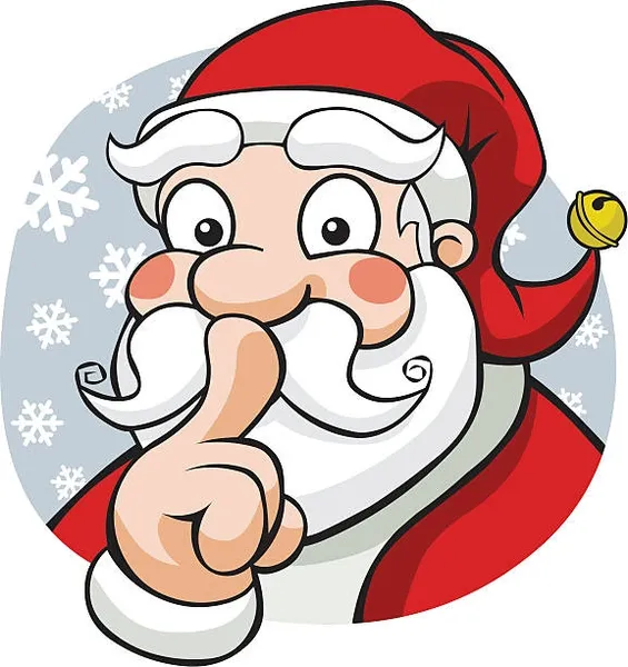 A cartoon of santa clause with his finger in the mouth.